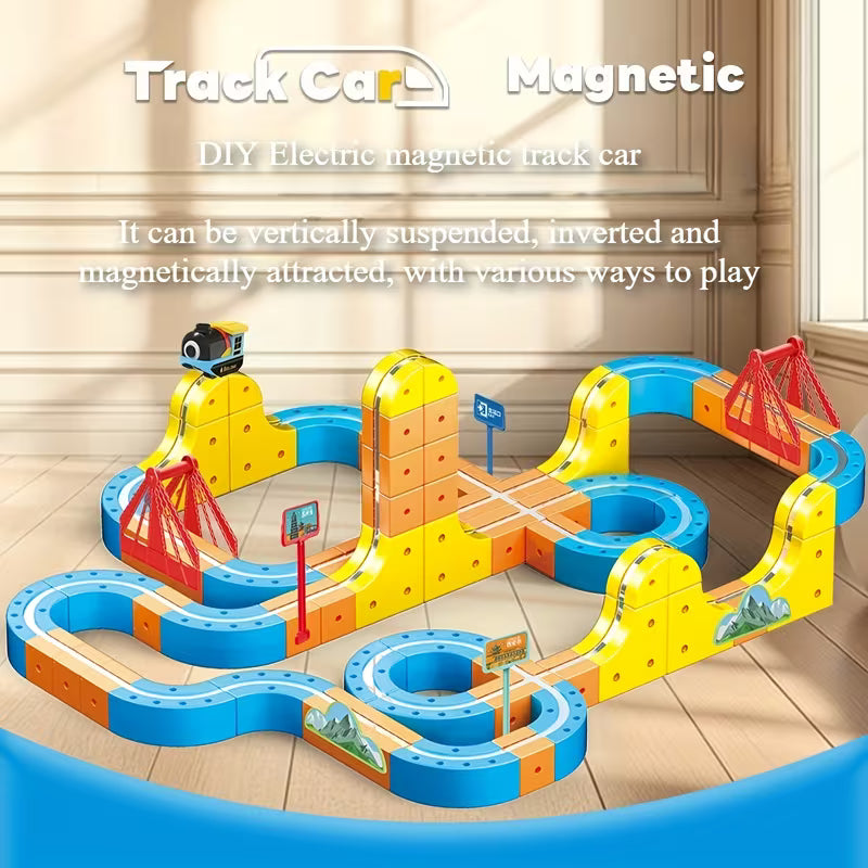 DIY Magnetic Race Car Track Set - Flexible Building Kit with Electric Train & Traffic Signs