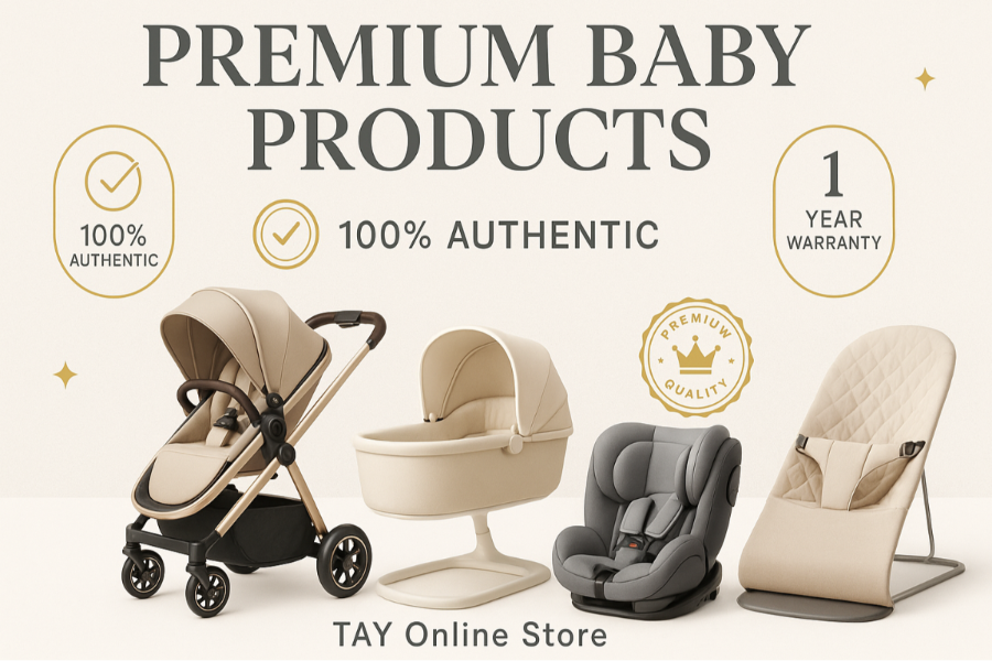 please generate a new banner that promotes baby products that are premium, authentic and comes with 1 year warranty