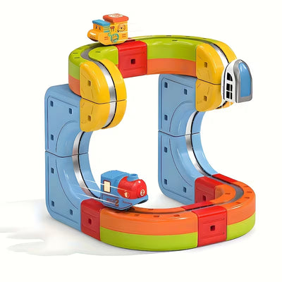 DIY Magnetic Race Car Track Set - Flexible Building Kit with Electric Train & Traffic Signs