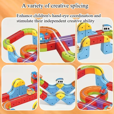 DIY Magnetic Race Car Track Set - Flexible Building Kit with Electric Train & Traffic Signs