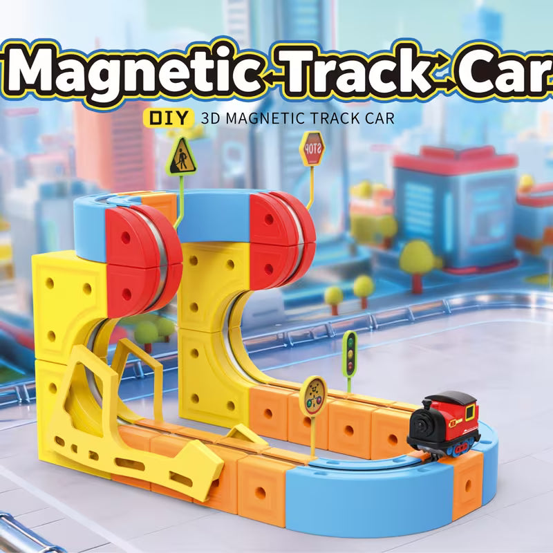 DIY Magnetic Race Car Track Set - Flexible Building Kit with Electric Train & Traffic Signs