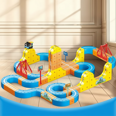 DIY Magnetic Race Car Track Set - Flexible Building Kit with Electric Train & Traffic Signs