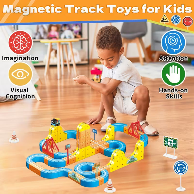 DIY Magnetic Race Car Track Set - Flexible Building Kit with Electric Train & Traffic Signs