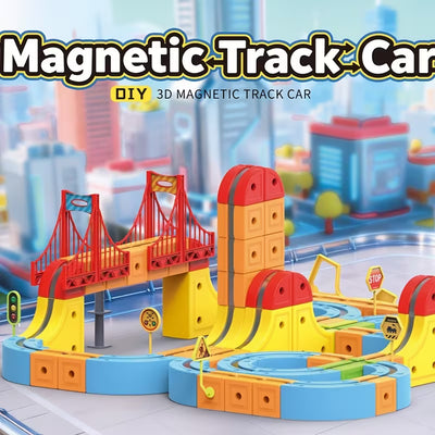 DIY Magnetic Race Car Track Set - Flexible Building Kit with Electric Train & Traffic Signs