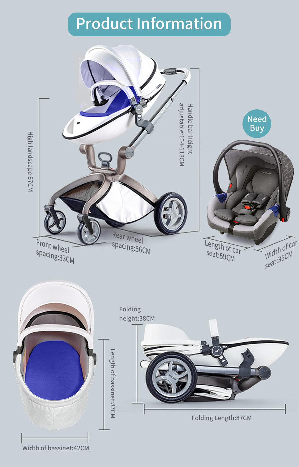 Hot Mom High Landscape 3 in 1 Baby Pushchair Stroller With Car Seat