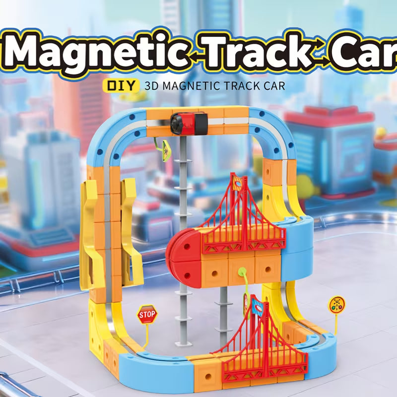 DIY Magnetic Race Car Track Set - Flexible Building Kit with Electric Train & Traffic Signs