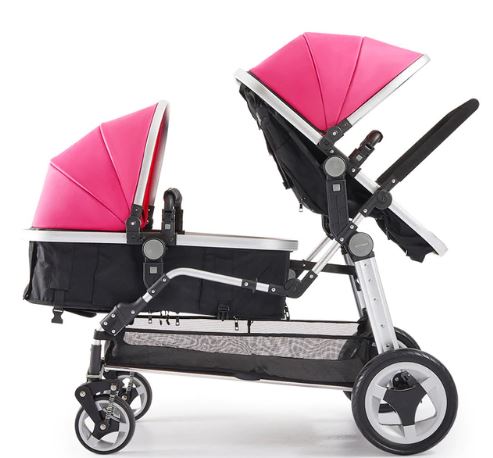 Poussette bébé double jumelle en cuir de luxe Semaco avec berceau convertible