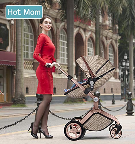Leather Grid Hot Mom Stroller High Landscape Folding Chair Luxury Pram With Bassinet