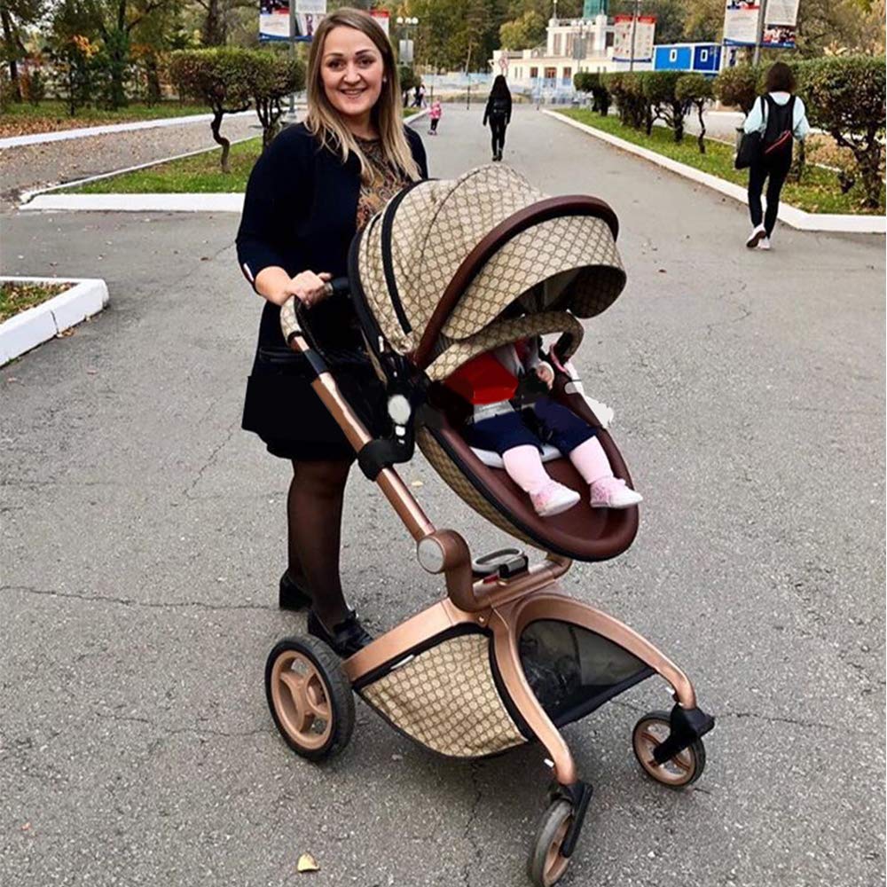 Cochecito de mamá caliente de cuero 3 en 1, silla plegable de paisaje alto, cochecito de lujo con rotación de 360 grados con cuna