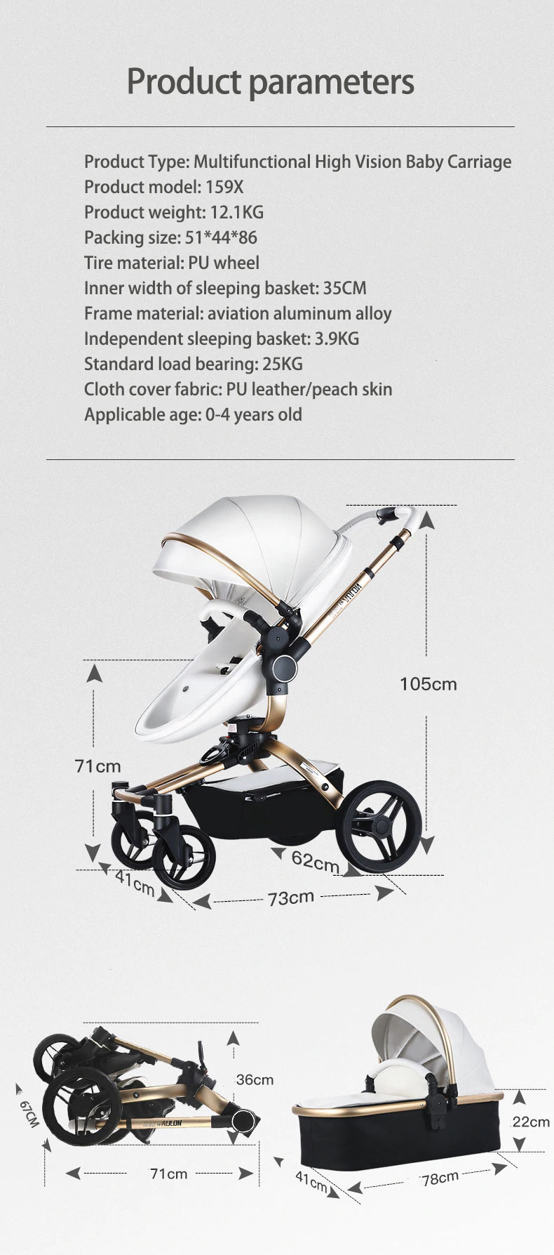 Aulon Marke Kinderwagen 3 in 1 mit Autositz High View Kinderwagen für Neugeborene, 360-Grad-Drehung faltbar